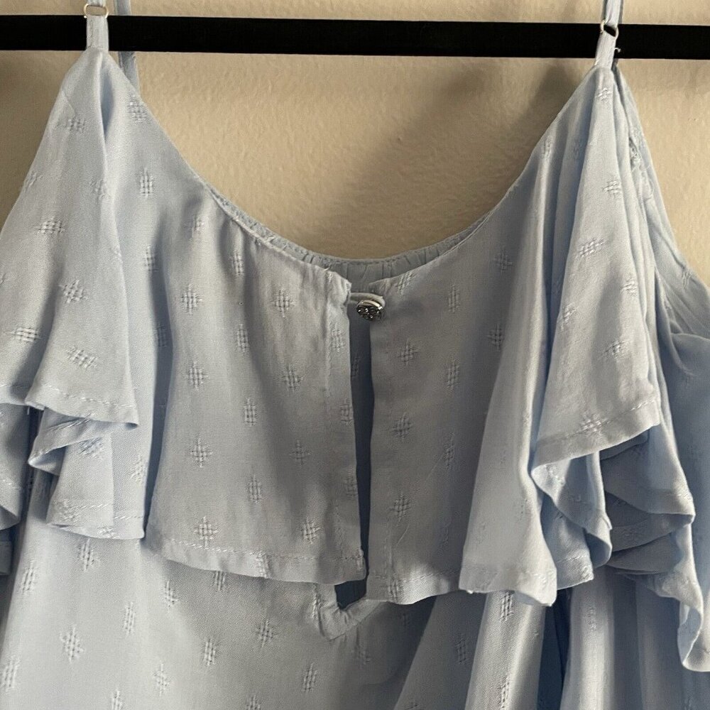 CeCe Women Sz S Blue Cold Shoulder 3/4 Sleeve Ruffled Neckline Blouse NWT - Picture 10 of 10